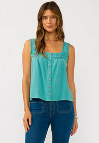 Turquoise Lace Trim Button Down Flowy Tank Top by Lovestitch