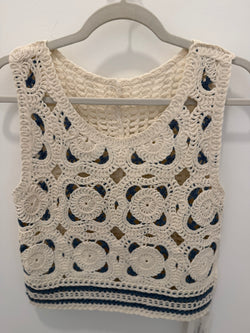White & Blue Crochet Knit Tank Top