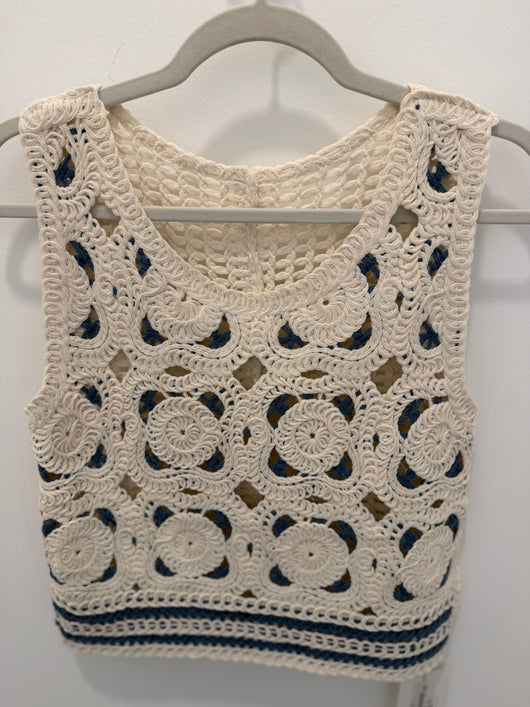 White & Blue Crochet Knit Tank Top