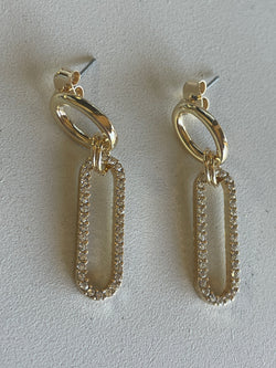Gold Oval w/Rhinestone Paperclip Dangle Earrings