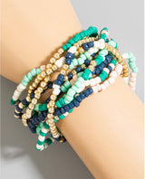 Blue, Green & Gold Set of 10 Stretch Beaded Bracelets
