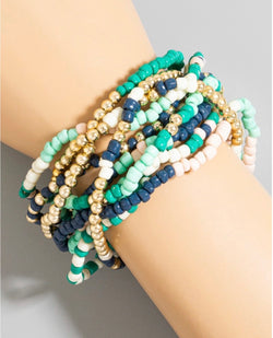 Blue, Green & Gold Set of 10 Stretch Beaded Bracelets