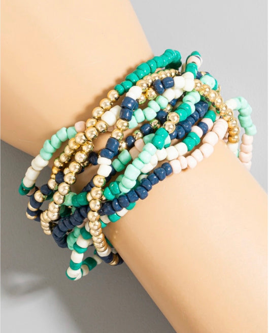 Blue, Green & Gold Set of 10 Stretch Beaded Bracelets