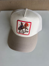 Cowboy Patch Cream & Tan Brim Trucker Hat w/Adjustable Snap Fit