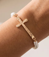 Pearl & Gold Cross Stretch Bracelet