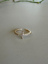 Gold Rhinestone Sideways Cross Adjustable Ring