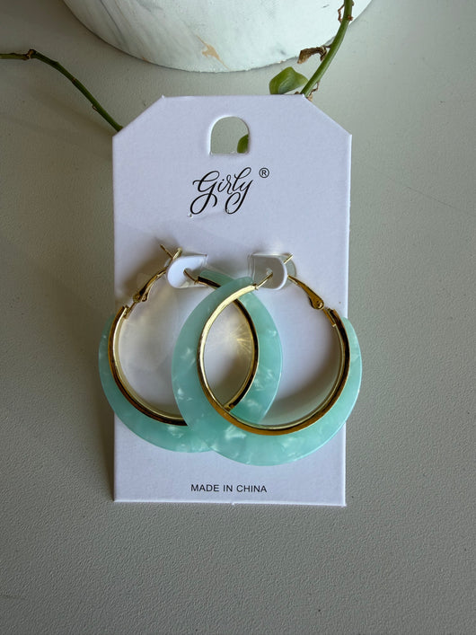 Teal Resin & Gold Hoop Earrings