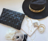 Faux Leather Black Basket Weave Purse w/Wristlet & Crossbody Strap