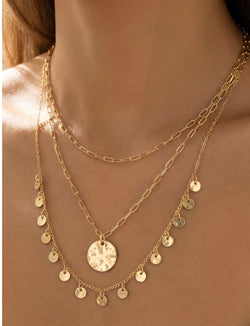 Gold Chain Link & Disc Three Layer Necklace