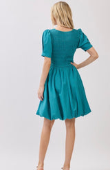 Indy Teal Smocked Bodice Puff Hemline Dress w/Pockets