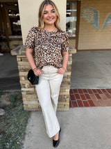 Wild Animal Print Round Neck Bubble Short Sleeve Blouse