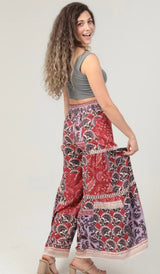 Red Lilac Paisley Design Wide Leg, Lace Inserts and Smocked Waist Pants by Angie