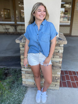 The Laguna Medium Wash Tencel Button Down Short Sleeve Top