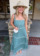 Teal Breezy Embroidered Tiered Maxi Dress w/Tie Straps