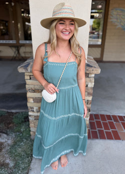 Teal Breezy Embroidered Tiered Maxi Dress w/Tie Straps