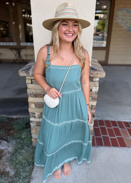 Teal Breezy Embroidered Tiered Maxi Dress w/Tie Straps