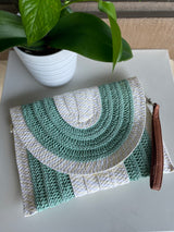 Turquoise & White Stripe Straw Clutch/Purse w/Wristlet & Strap
