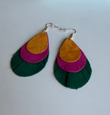 Camel, Berry & Emerald Genuine Leather Layered Teardrop Earrings