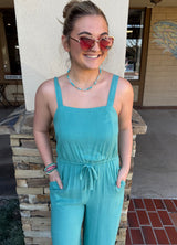 Peacock Flowy Leg Tank Jumper w/Drawstring Waist, Adjustable Straps and Pockets