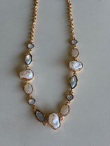 Bella Crystal & Pearl Stones and Gold Chain Necklace