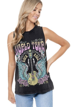World Tour Rock & Roll Black Mineral Washed Graphic Tank