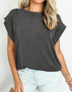 Charcoal Ribbed Texture Short Sleeve Top