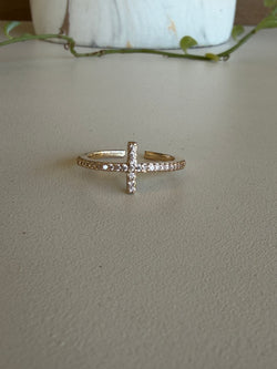 Gold Rhinestone Sideways Cross Adjustable Ring