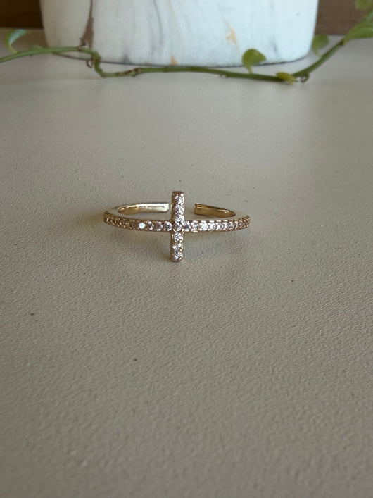 Gold Rhinestone Sideways Cross Adjustable Ring