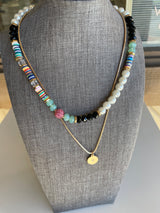 Black & Colorful Beads Layered Gold Coin Chain Necklace