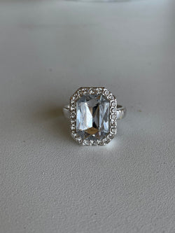 Classy Silver Rectangle Stone Ring - Size 8