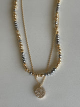 Gray Glass Bead & Gold Ball Layered Necklace w/Rhinestone Coin Pendant
