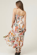 Tropical Print Ivory Hi-Low Midi Tank Dress w/Smocking & Adjustable Straps
