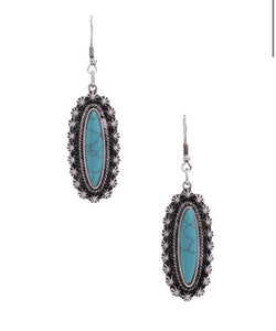 Antique Silver & Turquoise Oval Stone Fishhook Earrings