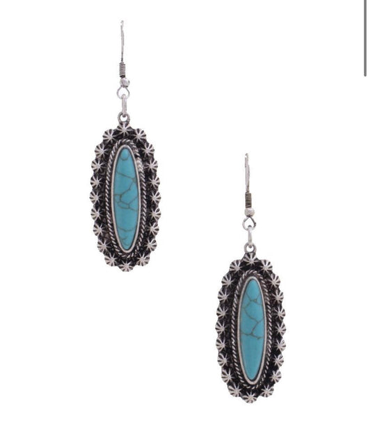 Antique Silver & Turquoise Oval Stone Fishhook Earrings