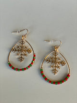 Christmas Snowflake Gold, Red & Green Teardrop Earrings