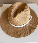 Tan Straw Sunhat w/White Faux GG Band and Adjustable Fit