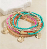 Pink & Teal Seed Bead Bracelets w/Gold Feather Charm Set
