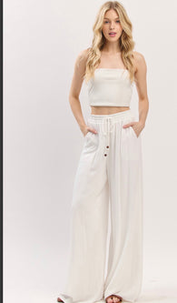 Off White Beachy Wide Leg Pants w/Elastic Tie Waist & Pockets
