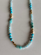 Aqua Blue & Gold Glass Beads and Stones Necklace & Earring Set