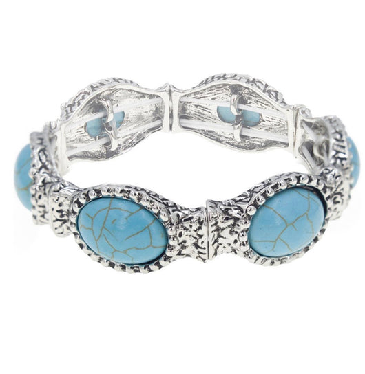 Western Girl Antique Silver & Oval Turquoise Stones Stretch Bracelet