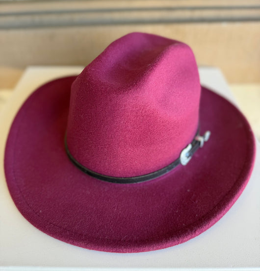Burgundy Fedora Hat w/Brown Buckle Band & Adjustable Fit