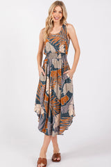 Slate & Rust Leaf Print Tank Midi Dress w/Smocked Waist, Back Tie & Pockets