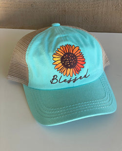 Blessed Sunflower CC Brand Turquoise Trucker Hat w/Ponytail Straps & Adjustable Velcro Closure