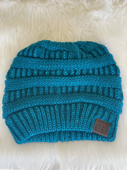 Turquoise Sparkly CC Brand Knit Messy Bun Beanie