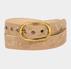 Khaki Embroidered Design Belt w/Gold Oval Buckle