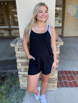 Black Spaghetti Strap Shorts Romper w/Front Pockets