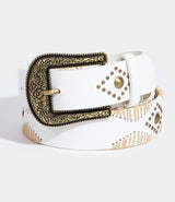 Shania White & Gold Studded Belt w/Western Design and Gold Buckle