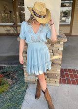 Austin Seafoam V-Neck Dress w/Taupe Embroidery Detail, Smocked Waist and Tie Back by Lovestitch