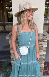 Teal Breezy Embroidered Tiered Maxi Dress w/Tie Straps