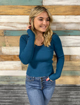 Teal Ribbed Scoop Neck Fitted Sweater Top